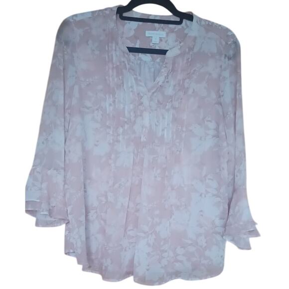 Charter Club Pale Pink Pin Tuck Peasant Blouse with Sheer Bell Sleeves Womens PL - Picture 2 of 8